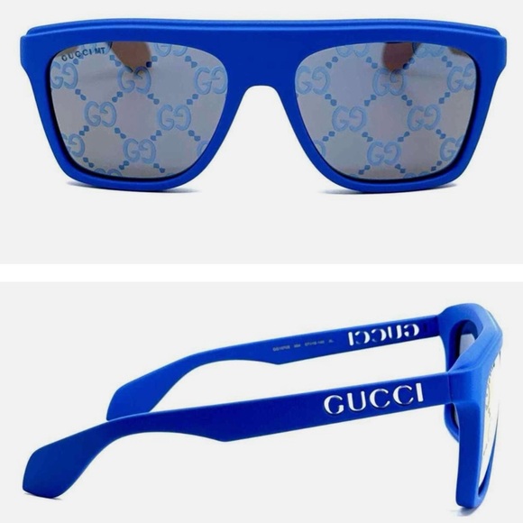 GUCCI MATTE BLUE GREY MIRRORED “GG” MONOGRAM SQUARE SUNGLASSES - Picture 15 of 16